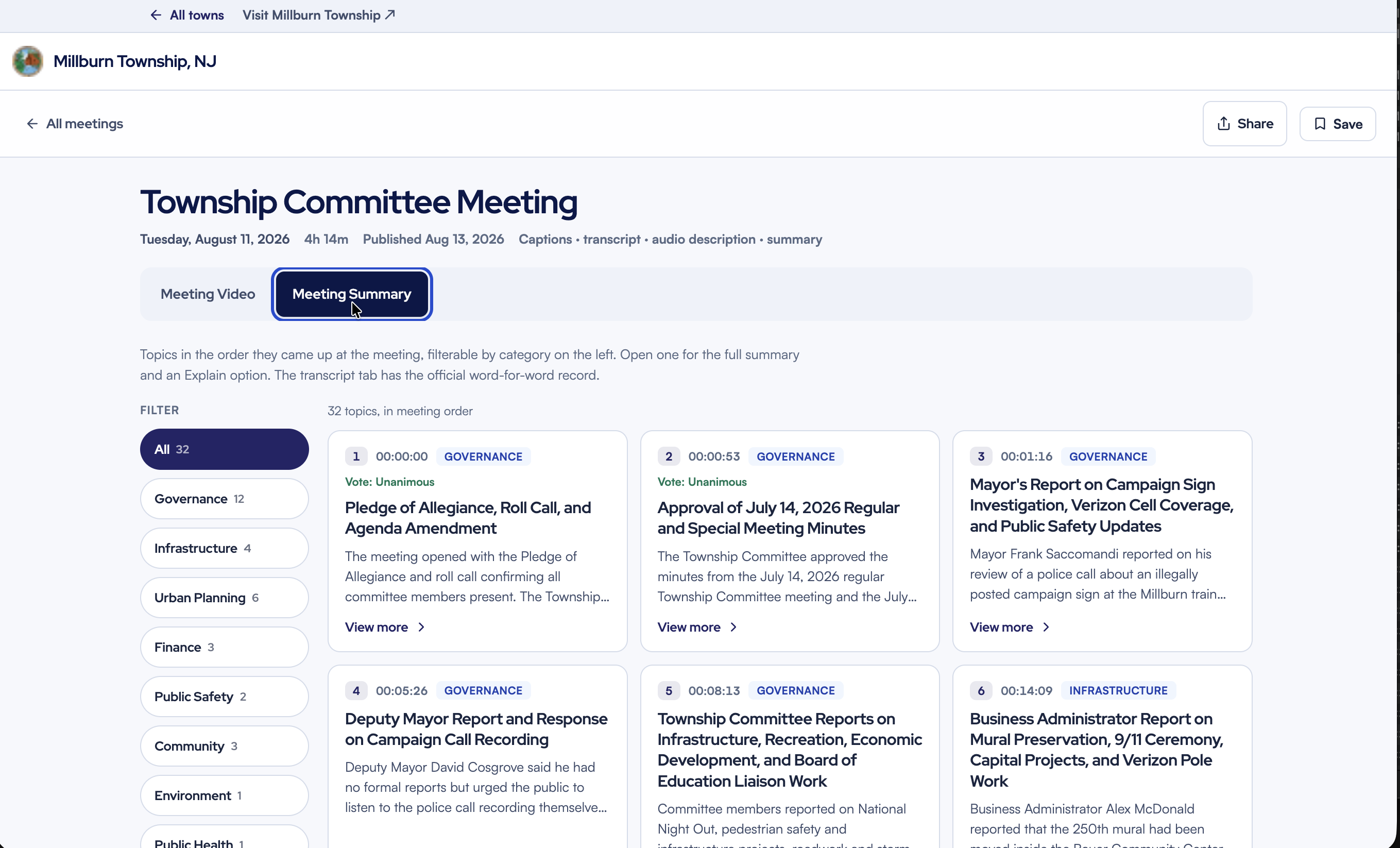 The same meeting's Meeting Summary tab, topics broken out by category with timestamps