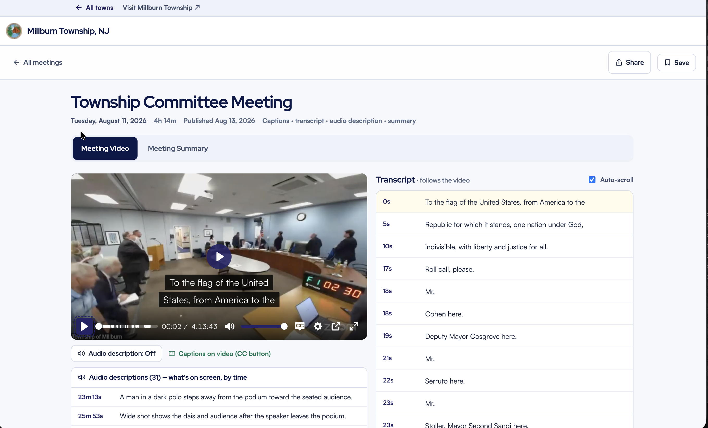 Aware Lens video portal for a Millburn Township meeting, with live captions, transcript, and audio descriptions